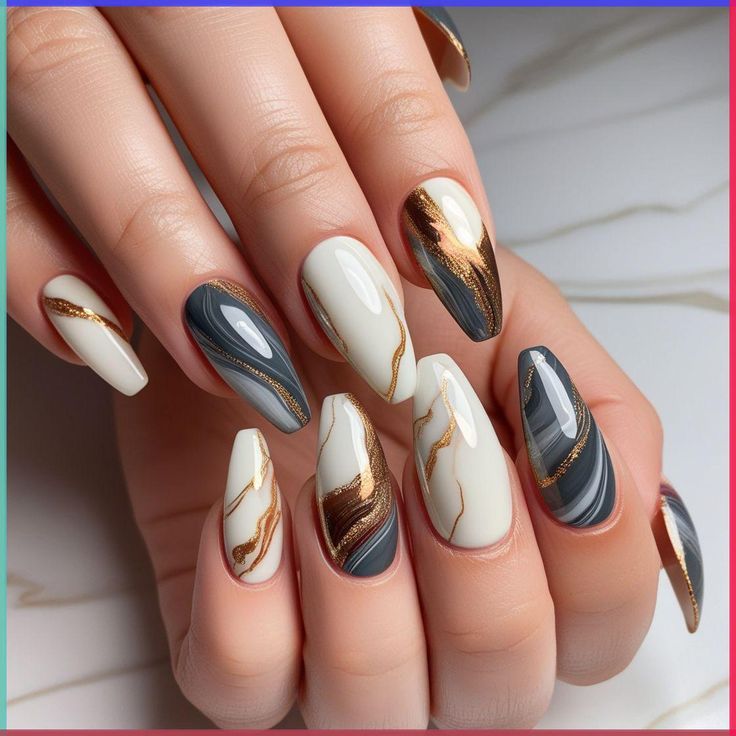 Marble Nail Art Designs - Gray Marble Fusion with Gold Veins